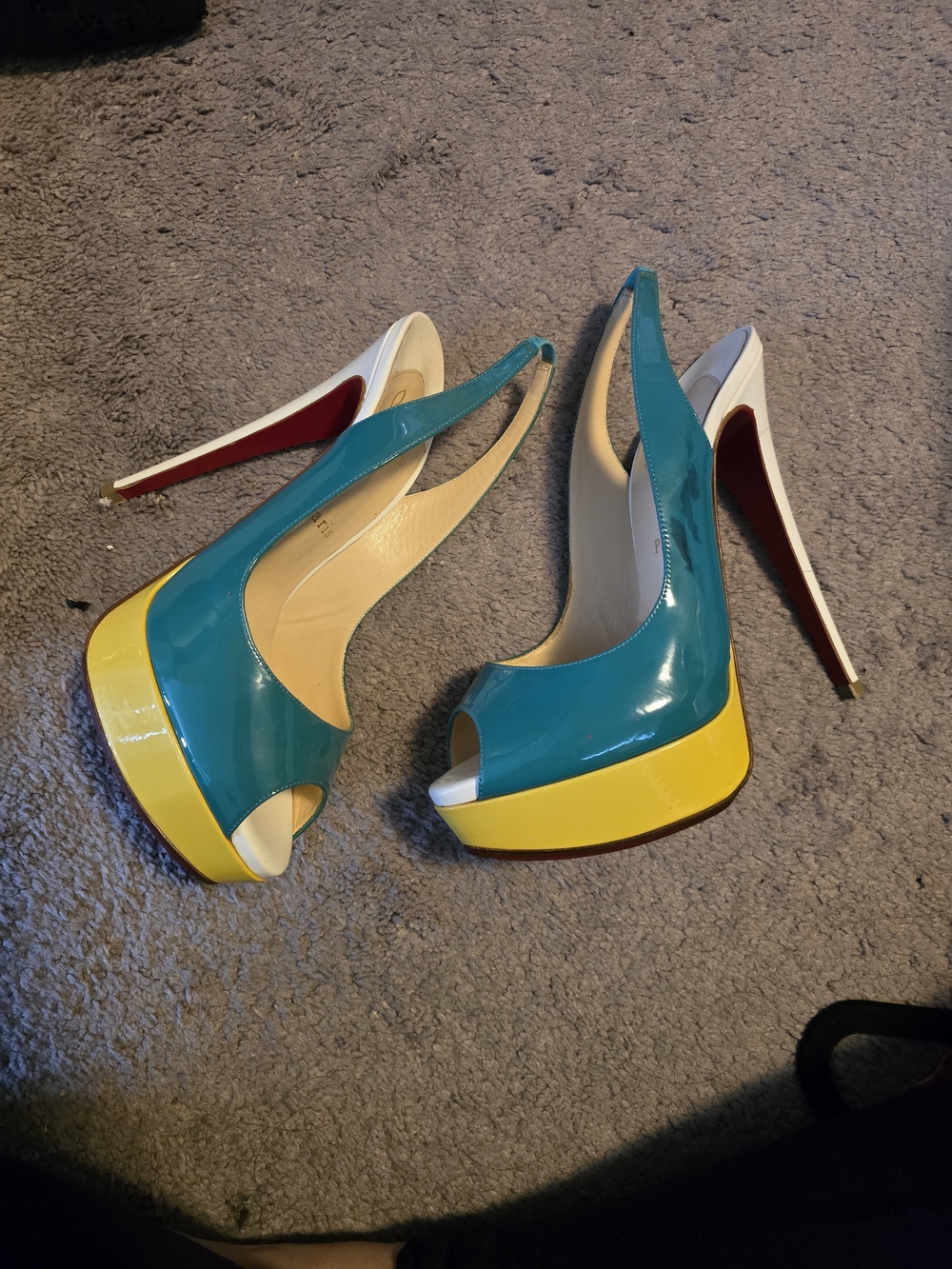 Christian Louboutin Teal and Yellow Patent Peep-Toe Slingback Pumps